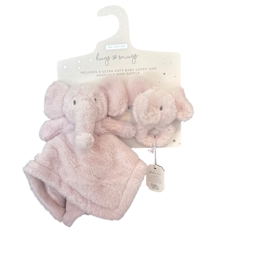 Baby Girl Pink Elephant Lovey Plush & Ring Rattle Infant Comfort Snuggle Set NWT